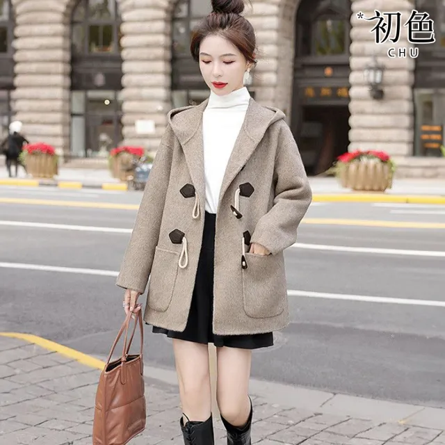 【初色】休閒純色短款毛呢牛角扣連帽大衣外套女外套-共2色-38623(M-2XL可選)