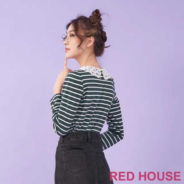 【RED HOUSE 蕾赫斯】俏麗蕾絲領條紋上衣(綠色)