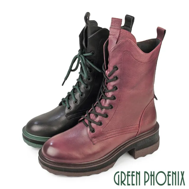 【GREEN PHOENIX 波兒德】女 馬丁靴 短靴 綁帶靴 軍靴 機車靴 厚底 牛皮 全真皮(酒紅、黑色)