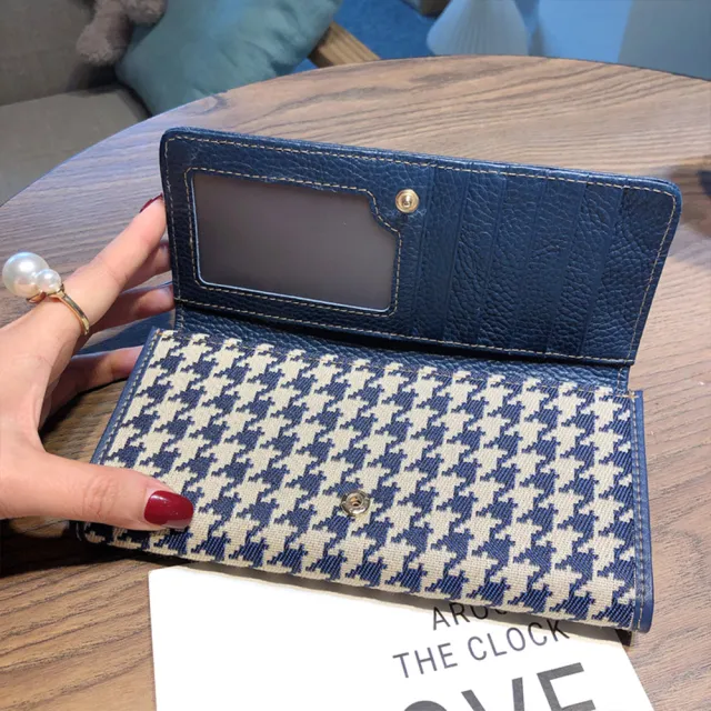 【MoonDy】皮夾 長夾 長夾 千鳥紋包包 帆布長夾 長款錢包 女皮夾 牛皮夾 禮物 精