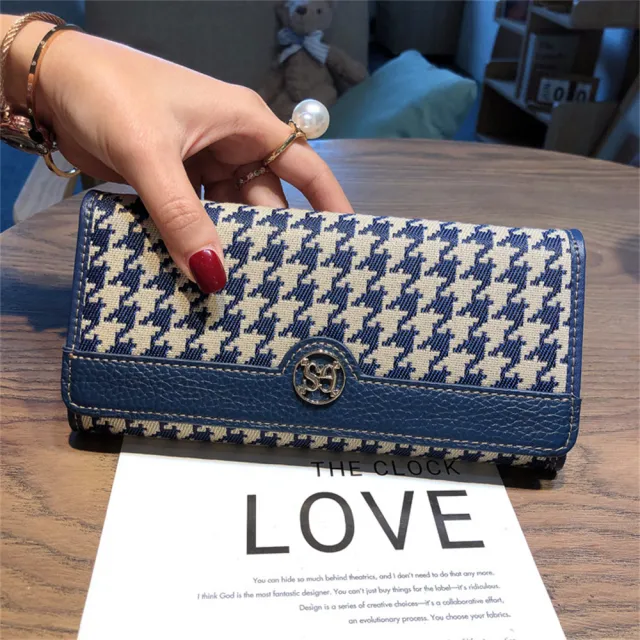 【MoonDy】皮夾 長夾 長夾 千鳥紋包包 帆布長夾 長款錢包 女皮夾 牛皮夾 禮物 精