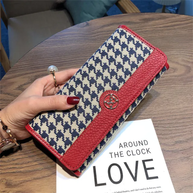 【MoonDy】皮夾 長夾 長夾 千鳥紋包包 帆布長夾 長款錢包 女皮夾 牛皮夾 禮物 精