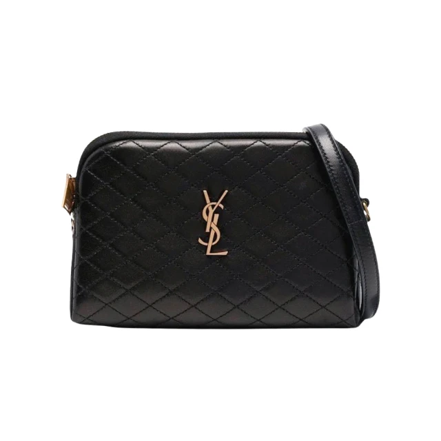 YSL 733667 黑 金字 細緻羊皮(菱紋拉鍊貝殼包)