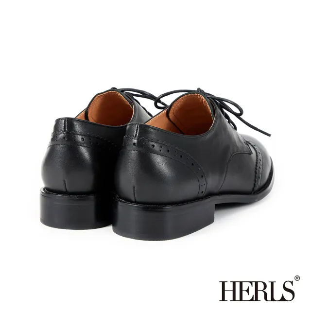 【HERLS】牛津鞋-全真皮圓頭翼紋沖孔低跟德比鞋(黑色)