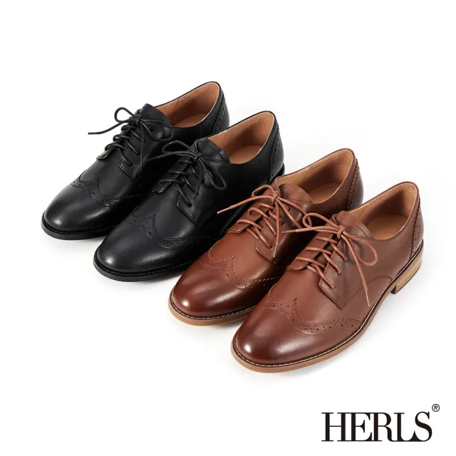 【HERLS】牛津鞋-全真皮圓頭翼紋沖孔低跟德比鞋(黑色)