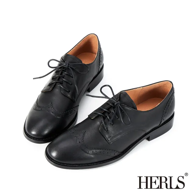 【HERLS】牛津鞋-全真皮圓頭翼紋沖孔低跟德比鞋(黑色)