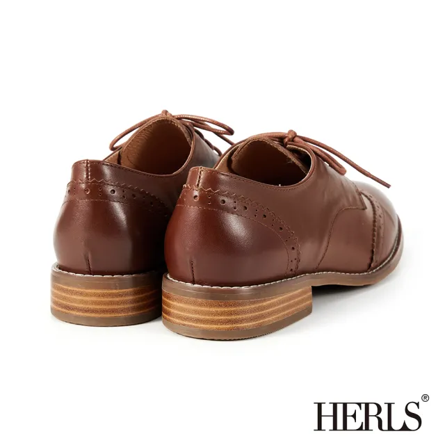 【HERLS】牛津鞋-全真皮圓頭翼紋沖孔低跟德比鞋(栗棕色)