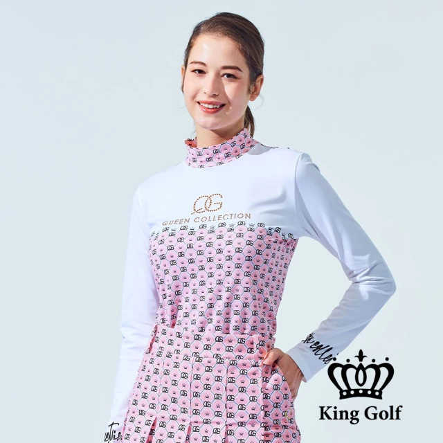 KING GOLF 門市新品-女款筆刷插畫印花立領拉鍊長袖上