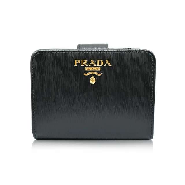 PRADA 普拉達 經典立體金LOGO直紋皮革釦式拉鍊皮夾短夾 黑色(1ML018 2B6P F0002)