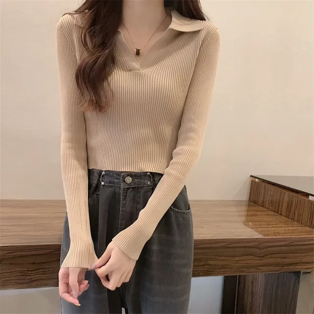 【D.studio】韓版氣質翻領顯瘦短版上衣(短版針織上衣毛衣長袖上衣女裝衣服長袖t恤保暖上衣冬裝 W288)