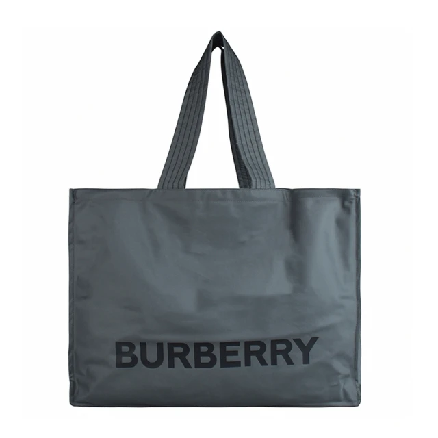 BURBERRY 巴寶莉 BURBERRY黑字LOGO釦式尼龍手提肩背托特包(灰)