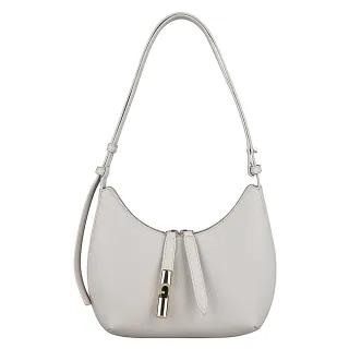【FURLA 芙拉】FURLA GOCCIA淡金金屬圓柱粒面小牛皮拉鍊肩背斜背包(香草白)