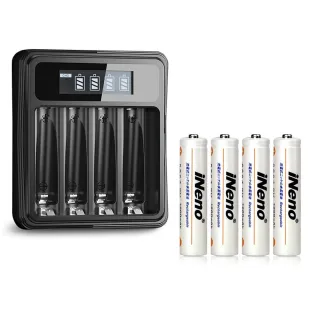 【iNeno】超大容量低自放 鎳氫 充電電池 1200mAh 4號/AAA 4顆入+鎳氫電池液晶充電器