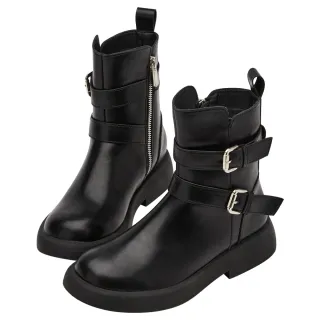 【Grace Gift】率性騎士圓頭雙帶扣機車靴(黑)