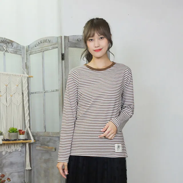 【Hana Mokuba】花木馬日系女裝簡約百搭圓領條紋長袖T恤(T恤)