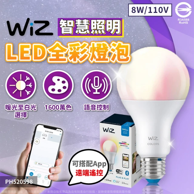 Philips 飛利浦 1入組 LED WiZ 8W LED 全彩燈泡 110V APP手機控制 調光調色 智慧照明 球泡燈(PW04N)