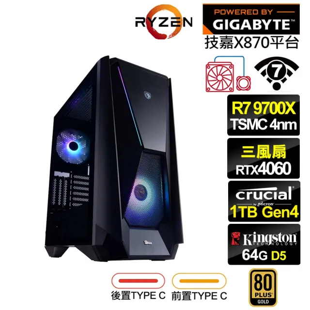 【技嘉平台】R7八核GeForce RTX 4060{賽德娜I35C}水冷電競電腦(R7 9700X/X870/64G D5/1TB/WIFI)