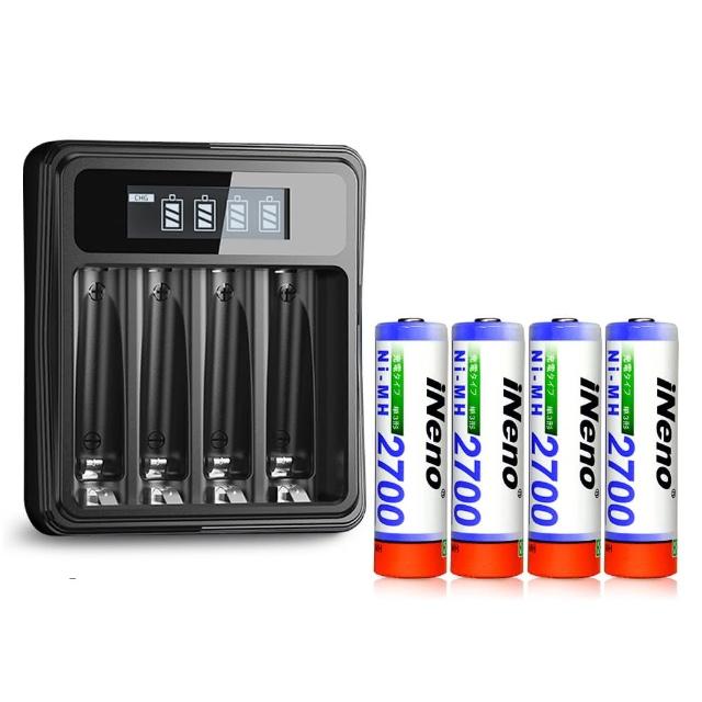 【iNeno】高容量 鎳氫 充電電池 2700mAh 3號/AA 4顆入+鎳氫電池液晶充電器