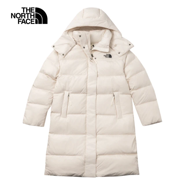 The North Face 北面女款米白色DWR防潑水可拆卸連帽長版羽絨外套｜89YQQLI