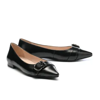 【MELROSE】美樂斯 典雅氣質方釦寬帶全真皮尖頭低跟鞋(黑)