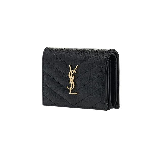 【YSL】668290 黑 金字 V紋荔枝牛皮(翻蓋零錢短夾)