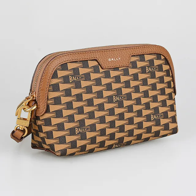 【BALLY】BALLY Pennan金字LOGOt三角旗印花塗層皮革皮革邊飾手拿包(棕x褐)