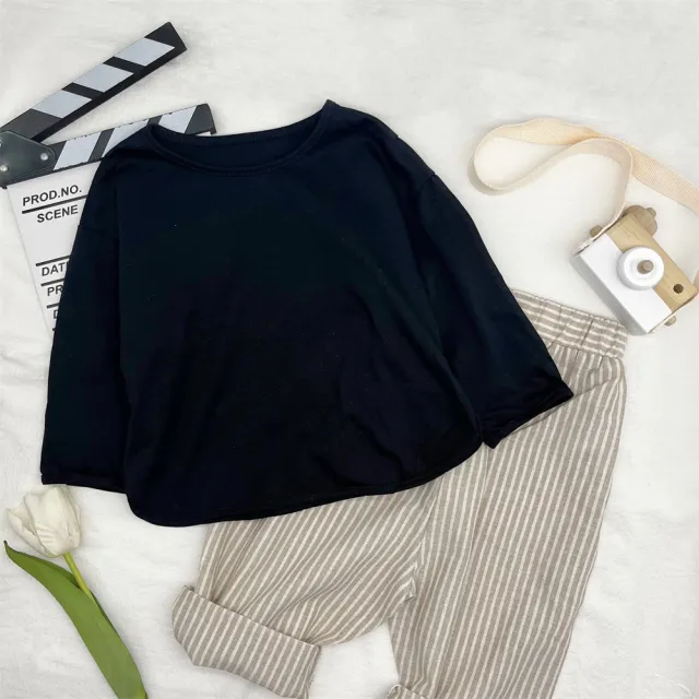 【安朵童舖】現貨韓版兒童薄款寬鬆七分袖上衣女童素色七分袖T恤男童內搭長袖上衣童裝(24/032)