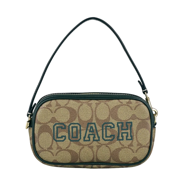 COACH COACH JAMIE簍空LOGO拉鍊PVC搭牛皮飾邊手提包(卡其x亞馬遜綠)