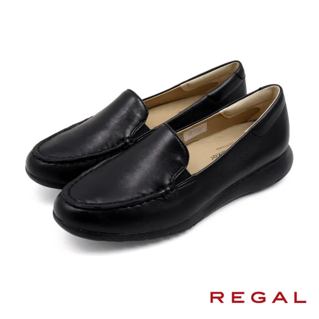 【REGAL】REGAL日本原廠可調式軟墊抗震皮質懶人休閒鞋 黑色(HC63-BL)