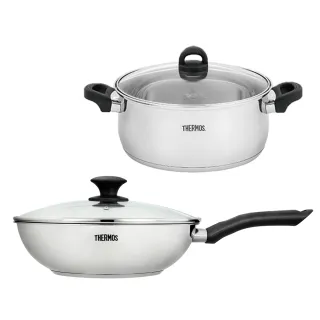 【THERMOS膳魔師】獨家專售_不鏽鋼含蓋單柄炒鍋28cm+不鏽鋼饌饗雙耳湯鍋火鍋28cm(LPD-28HB-S+KOP-W28N)