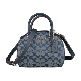 【COACH】COACH SYDNEY 金屬馬車LOGO拉鍊緹花布搭皮革手提斜背保齡球包(單寧藍)