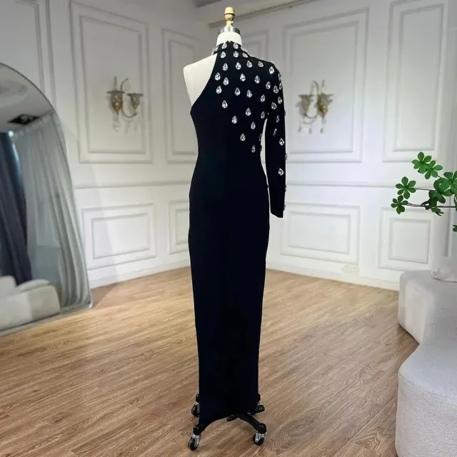 【女神婚紗禮服】時尚玻璃水晶削肩長袖側開叉曲線長裙晚禮服LA72371晶鑽黑(派對主持晚會 拉鍊款晚禮服)