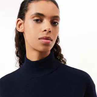 【LACOSTE】女裝-羊毛高領長袖毛衣(海軍藍)