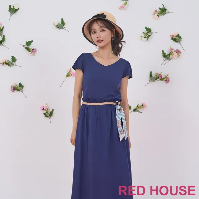 【RED HOUSE 蕾赫斯】素面V領抽褶洋裝-不含腰帶(藍色)