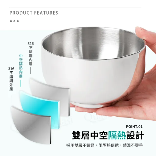厚實316不鏽鋼雙層隔熱碗13cm3入組