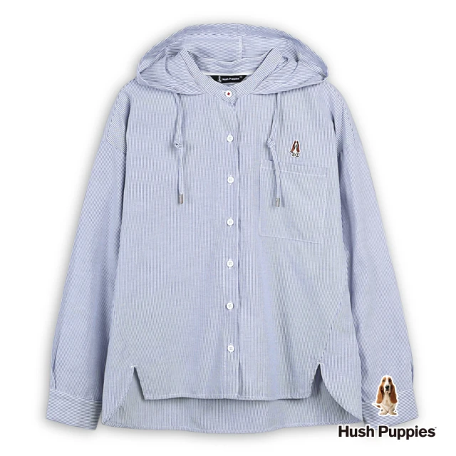 Hush Puppies 女裝 襯衫 寬鬆直條紋休閒連帽襯衫(淺藍 / 44212106)