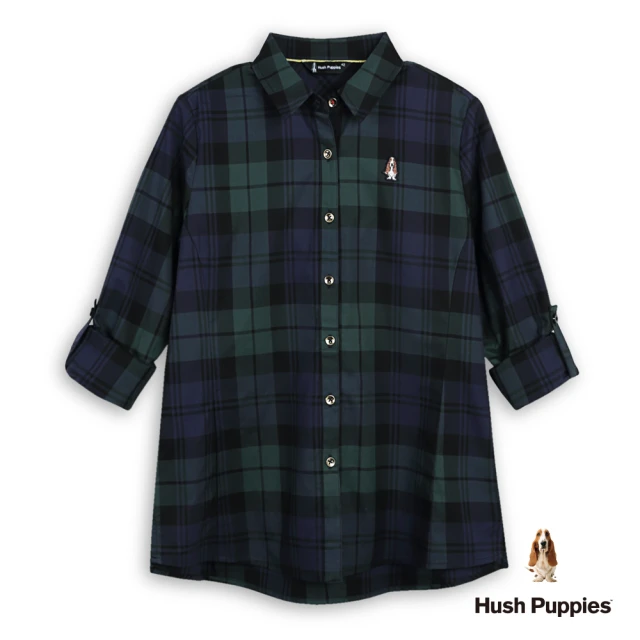 Hush Puppies 女裝 襯衫 經典格紋繡反扣襯衫(墨綠 / 44212102)