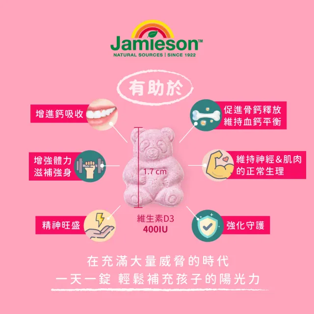 【Jamieson 健美生】維生素D3咀嚼錠 草莓風味小熊造型一入100錠(1111 孕婦可用 雙11 桃金日 1111campaign)