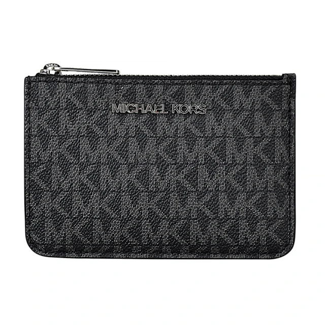 Michael Kors MK MICHAEL KORS JET SET LOGO拉鍊滿版印花PVC 3卡鑰匙零錢包(黑)