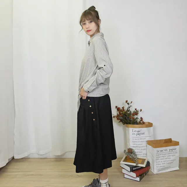 【Hana Mokuba】花木馬日系女裝休閒條紋下襬綁帶襯衫(襯衫)