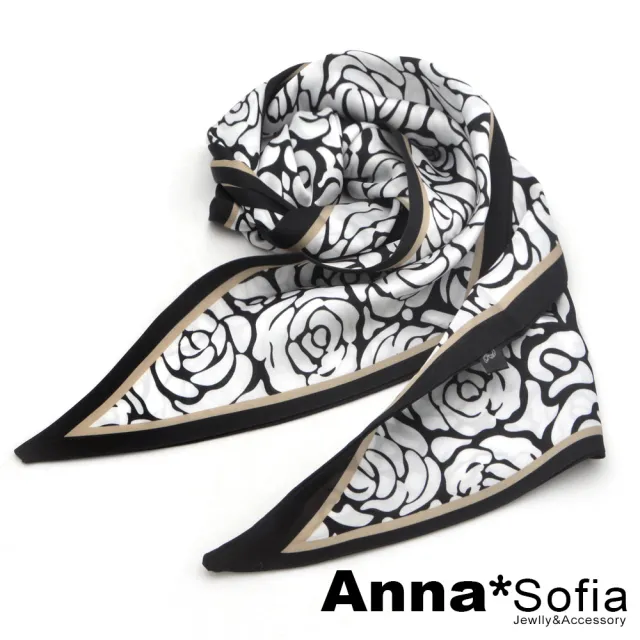 【AnnaSofia】仿絲領巾絲巾圍巾-茶花墨印斜角 窄版緞面 現貨(黑系)