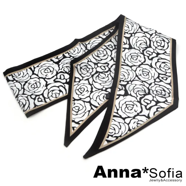 【AnnaSofia】仿絲領巾絲巾圍巾-茶花墨印斜角 窄版緞面 現貨(黑系)