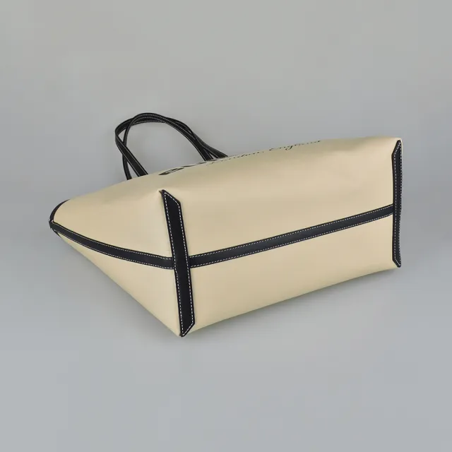 【BURBERRY 巴寶莉】BURBERRY London LOGO開口式地球儀圖案織布拼滾邊牛皮手提肩背子母托特包(米)