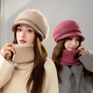 【I.Dear】韓版抗寒雪地加絨加厚兔毛貝雷帽圍脖兩件套組(5色)