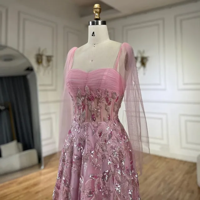 【女神婚紗禮服】輕奢優雅女伶飄紗肩帶串珠雕花A字晚禮服LA72520仙女粉(婚宴派對晚會 拉鍊款晚禮服)
