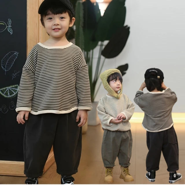 【Baby 童衣】韓風條紋上衣 男女童百搭長袖圓領T 男童歐巴風落肩袖T-Shirt 女童外出上衣 89095(共２色)