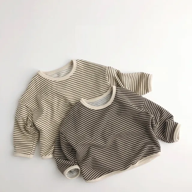 【Baby 童衣】韓風條紋上衣 男女童百搭長袖圓領T 男童歐巴風落肩袖T-Shirt 女童外出上衣 89095(共２色)