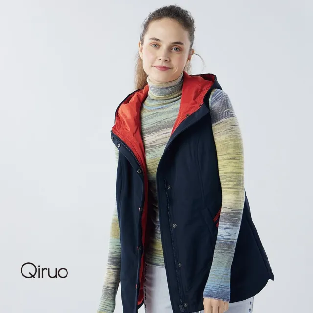 【Qiruo 奇若名品】保暖長版連帽背心6204D 深藍色-鈕扣式