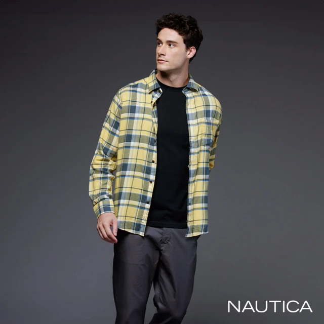 NAUTICA 男裝 百搭休閒格紋長袖襯衫(黃色)