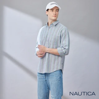 【NAUTICA】男裝 低調質感條紋長袖襯衫(藍色)